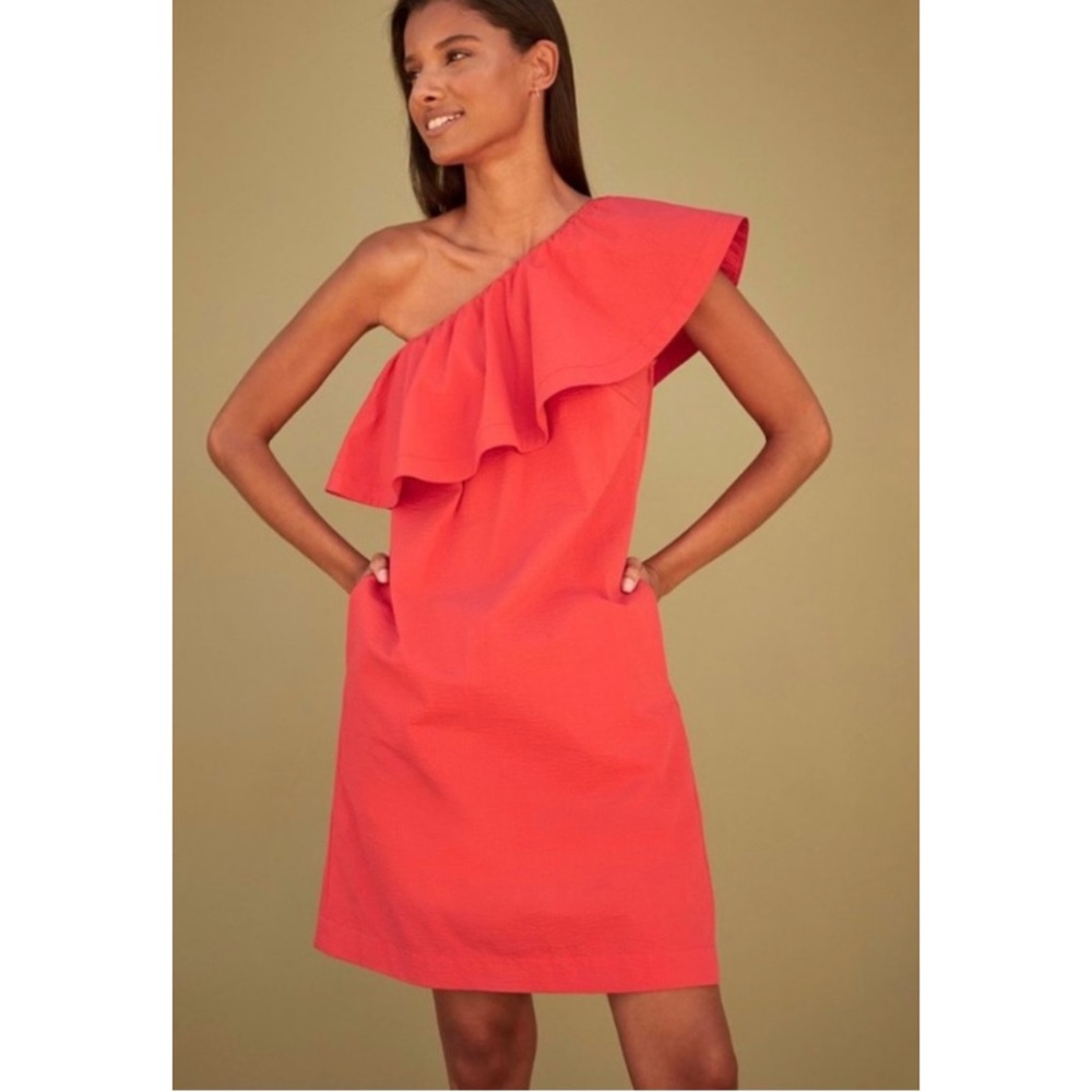 CUYANA | Seersucker One-Shoulder Dress in Lipstick (Coral/Red), Size Small